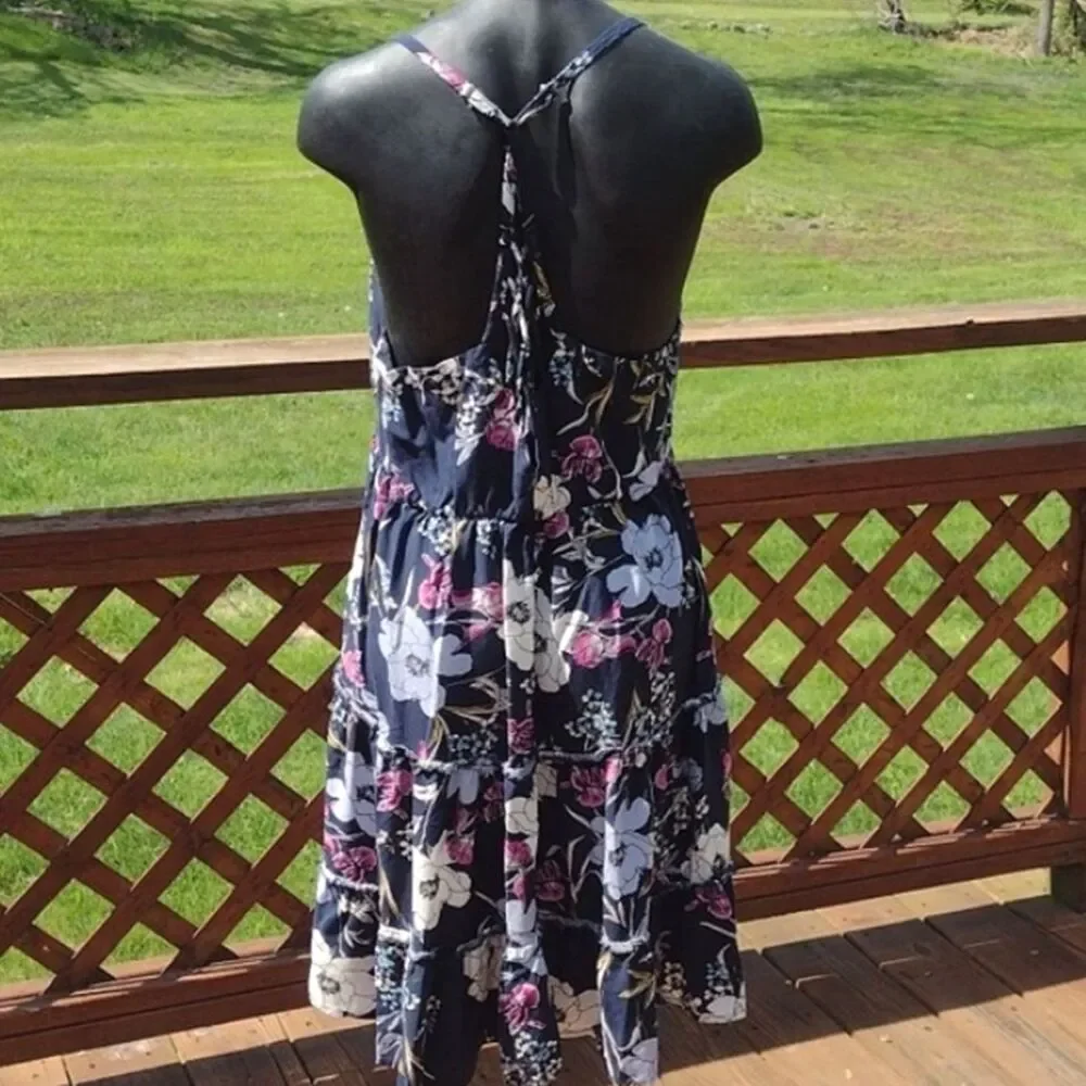 Maurices Navy Blue Sundress with Floral Print and Strappy Back Size Large